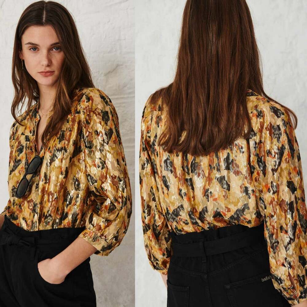 BA&SH Gaby Metallic Blouse Silk Ochre Gold Abstract Print 3/4 Sleeve Size XS